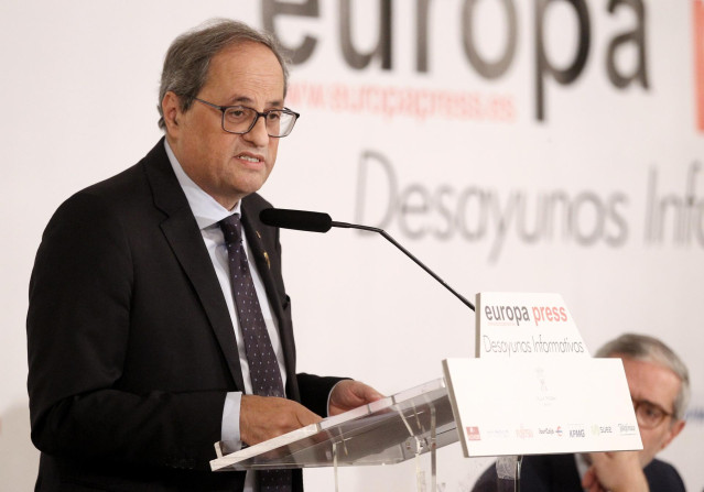 El presidente de la Generalitat, Quim Torra, durante su intervención en un  Desayuno informativo de Europa Press.