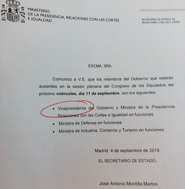Comunicado del Gobierno anunciando la ausencia de Carmen Calvo en la próxima sesión de control