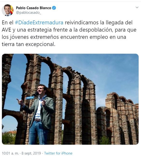 Tuit en el que Pablo Casado reivindica el AVE para Extremadura.