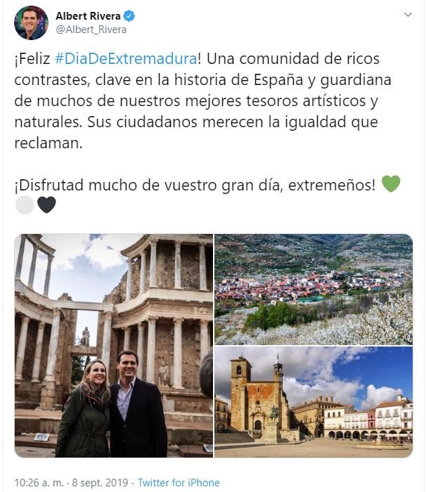 Mensaje de felicitación de Albert Rivera a los extremeños