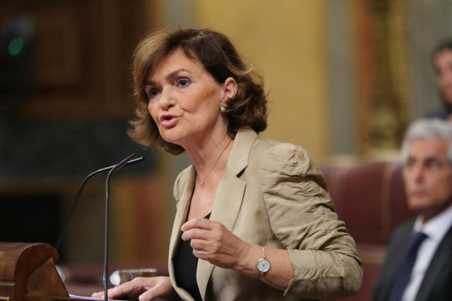 La vicepresidenta del Gobierno en funciones, Carmen Calvo, durante el Pleno extraordinario en el Congreso para tratar la gestión del 'Open Arms'