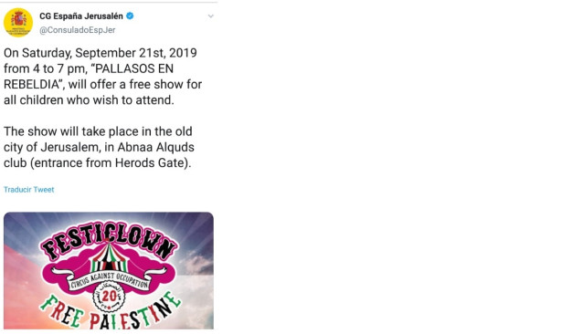 Tuit de promoción del Festiclown en los territorios palestinos, posteriormente retirado por el Consulado