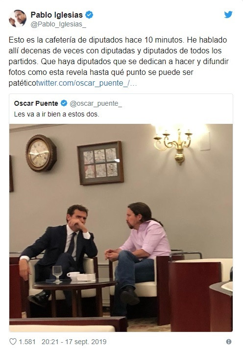 Tuit en elque se ve a Rivera con Iglesias tomando un café ne el Congreso