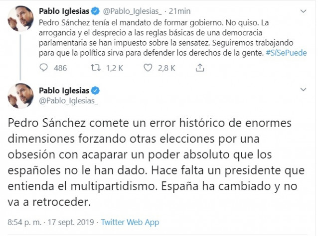 Twitter del secretario general de Podemos, Pablo Iglesias