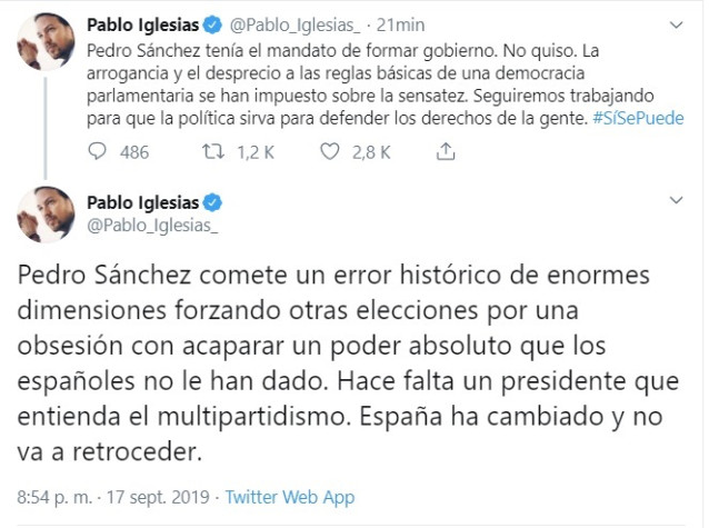 Twitter del secretario general de Podemos, Pablo Iglesias
