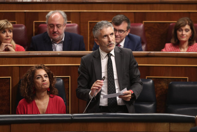 El ministro del Interior en funciones, Fernando Grande-Marlaska, responde a las preguntas de los grupos parlamentarios del Congreso, durante la  sesión de control al Gobierno en funciones un día después de conocerse la casi plena seguridad de unas eleccio
