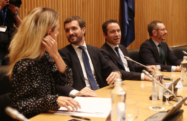 (I-D) La portavoz del PP en el Congreso, Cayetana Álvarez de Toledo; el presidente del Partido Popular, Pablo Casado; el secretario general del partido, Teodoro García Egea; y el portavoz del PP en el Senado, Javier Maroto, en la reunión de diputados y se