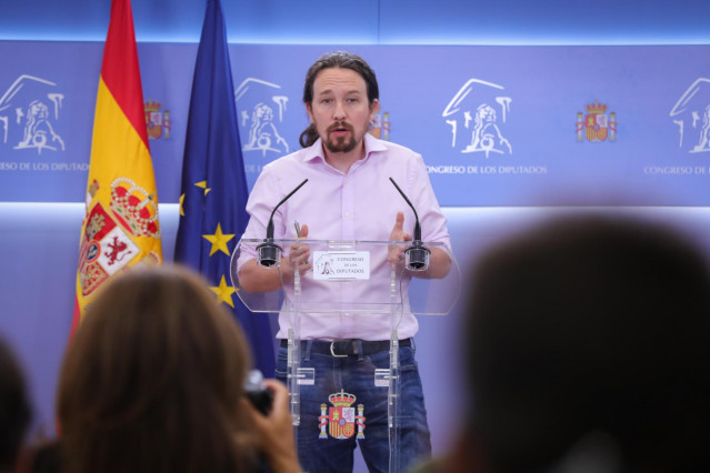 El líder de Unidas Podemos, Pablo Iglesias, en rueda de prensa tras su reunión con el Rey Felipe VI en el segundo día de la ronda de consultas sobre el candidato a la presidencia del Gobierno, en Madrid (España), a 17 de septiembre de 2019.
