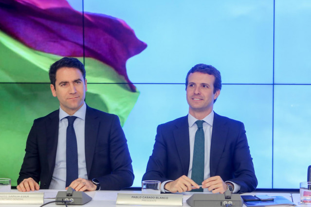 El secretario general del PP, Teodoro Garíca Egea, y  el presidente del partido, Pablo Casado, durante la reunión del Comité Ejecutivo del Partido Popular.