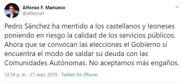 Captura de pantalla del tuit del presidente de la Junta de Castilla y León, Alfonso Fernández Mañueco.