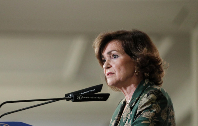 La vicepresidenta del Gobierno en funciones, Carmen Calvo, durante su intervención en el desayuno informativo de Nueva Economía Forum, en Madrid (España), a 23 de septiembre de 2019.