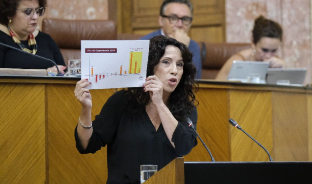 La consejera de Igualdad, Políticas Sociales y Conciliación, Rocío Ruiz, en el Pleno del Parlamento.