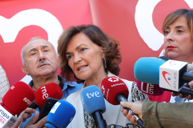 La vicepresidenta del Gobierno, Carmen Calvo, interviene ante los medios de comunicación en el acto de clausura del aniversario de los 130 años de UGT en Madrid (España) a 29 de septiembre de 2019.