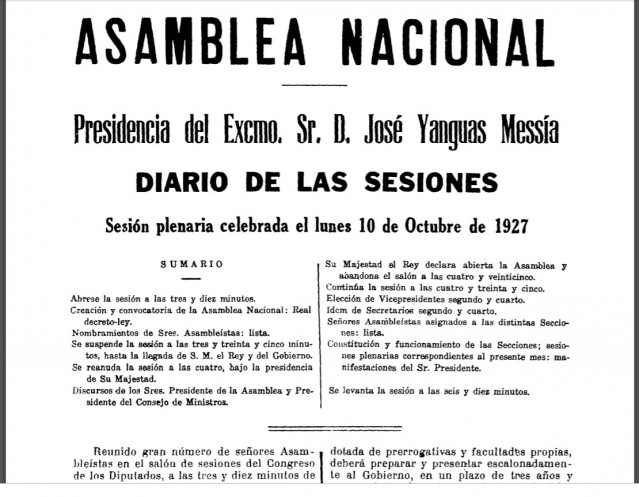Diario de Sesiones de la sesión constitutiva de la Asamblea Nacional de Primo de Rivera. 10 de octubre de 1927.