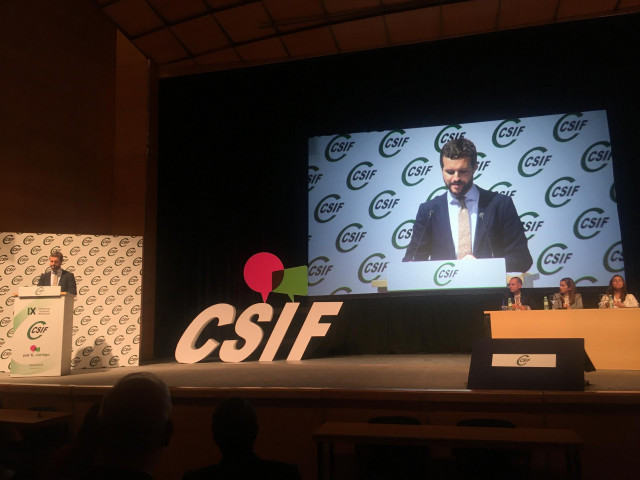 El presidente del PP, Pablo Casado, durante la clausura del IX Congreso Nacional de CSIF en Valladolid.