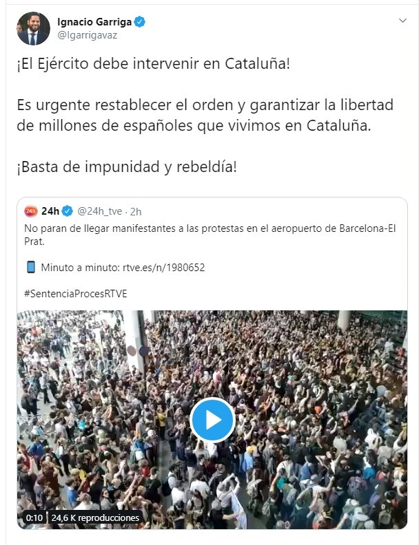 Ignacio Garriga, diputado de Vox, pidiendo la intervención del Ejército en Cataluña