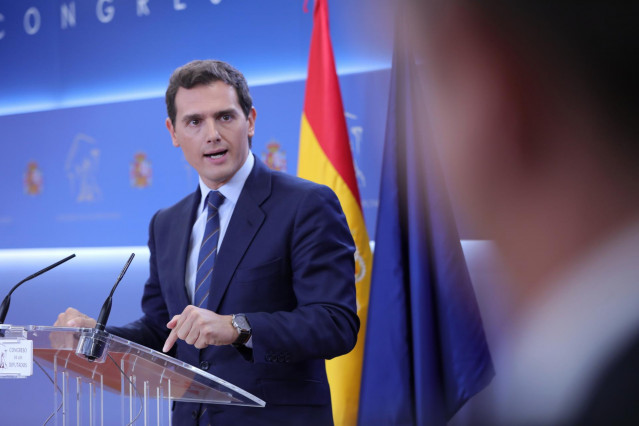 El presidente de Ciudadanos, Albert Rivera, durante la rueda de prensa ofrecida tras conocerse la sentencia del Tribunal Supremo sobre el juicio del 'procés', en Madrid (España), a 14 de octubre de 2019.