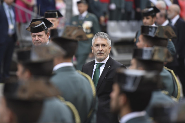 El ministro del Interior en funciones, Fernando Grande-Marlaska, interviene en el acto central de la festividad dela patrona de la Guardia Civil, en Huesca (Aragón/España) a 6 de octubre de 2019.