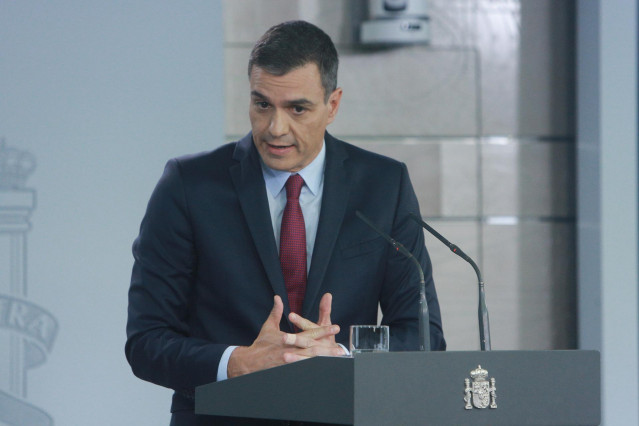El presidente del Gobierno, Pedro Sánchez, realiza una intervención en el Palacio de La Moncloa, en Madrid (España) a 16 de octubre de 2019.