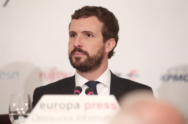 El presidente del PP, Pablo Casado, durante su intervención en un Desayuno Informativo de Europa Press, en Madrid (España), a  21 de octubre de 2019.