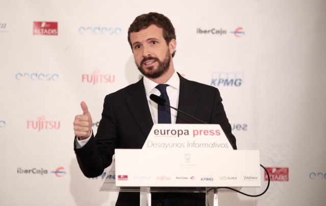 El presidente del PP, Pablo Casado, durante su intervención en un Desayuno Informativo de Europa Press, en Madrid (España), a  21 de octubre de 2019.