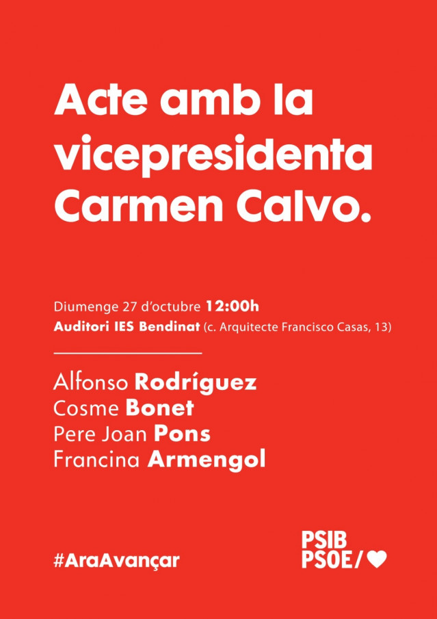 Cartel del acto de precampaña del PSIB en el que participará Carmen Calvo