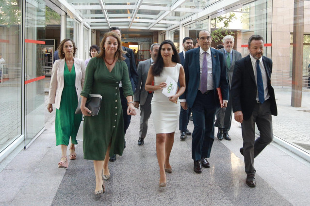 Los diputados de Vox en la Asamblea de Madrid: Ana María Cuartero (2i) Rocío Monasterio (3i); José Igancio Arias Moreno (2d) e Íñigo Henríquez de Luna Losada (1d), a su llegada al debate y votación del segundo pleno de la investidura de la candidata del P