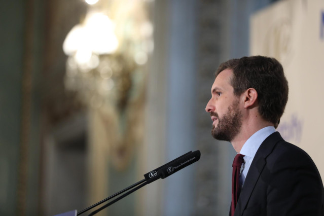 El presidente del PP y candidato a la Presidencia del Gobierno por el partido, Pablo Casado,participa en un desayuno informativo del Fórum Europa, en Madrid (España), a 6 de noviembre de 2019.