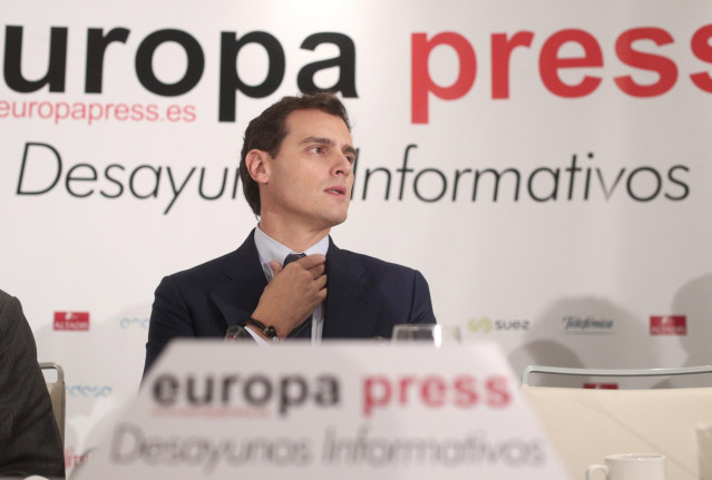 El presidente de Ciudadanos y candidato del partido a la Presidencia del Gobierno, Albert Rivera, participa en un Desayuno Informativo de Europa Press celebrado en el Hotel Hyatt Regency Hesperia de Madrid (España), a 7 de noviembre de 2019.