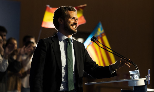 El líder del PP, Pablo Casado, en un mitin en el auditorio Mar Rojo Oceanografic de Valencia