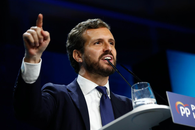 El presidente del PP y candidato del partido a la Presidencia del Gobierno, Pablo Casado interviene durante el mitin del partido de fin de campaña, en la Plaza de las Ventas, en Madrid (España), a 8 de noviembre de 2019.