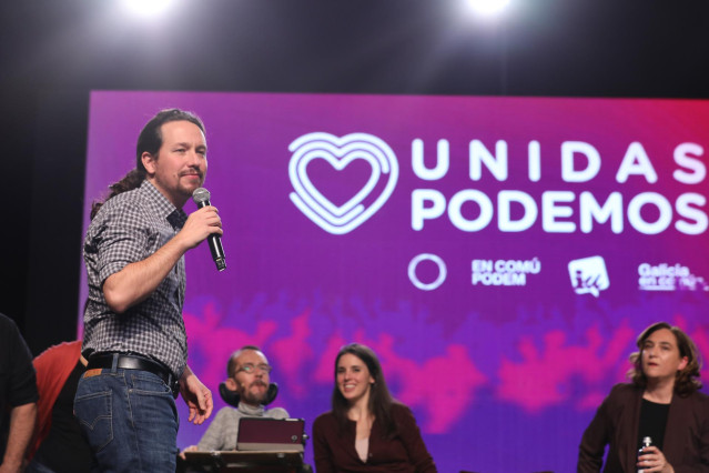 El candidato a la Presidencia del Gobierno por Unidas Podemos, Pablo Iglesias durante un mitin de fin de campaña del partido en la Feria de Madrid (IFEMA), en Madrid, a 8 de noviembre de 2019.