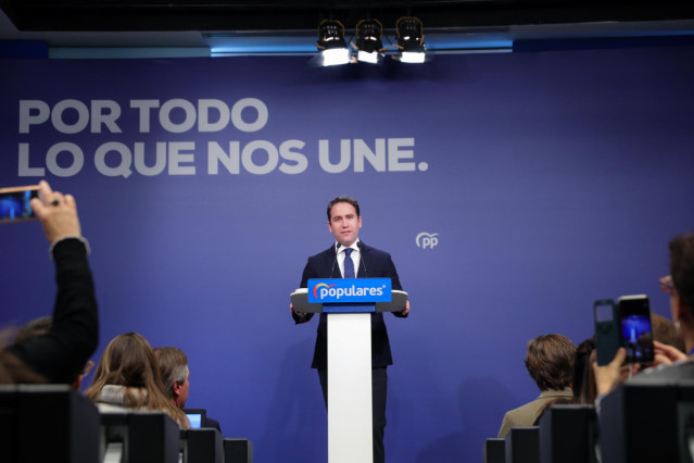El secretario general del Partido Popular, Teodoro García Egea durante su intervención en la noche electoral del 10N en la sede del PP en Madrid (España), donde el partido sigue los resultados del escrutinio, a 10 de noviembre de 2019.