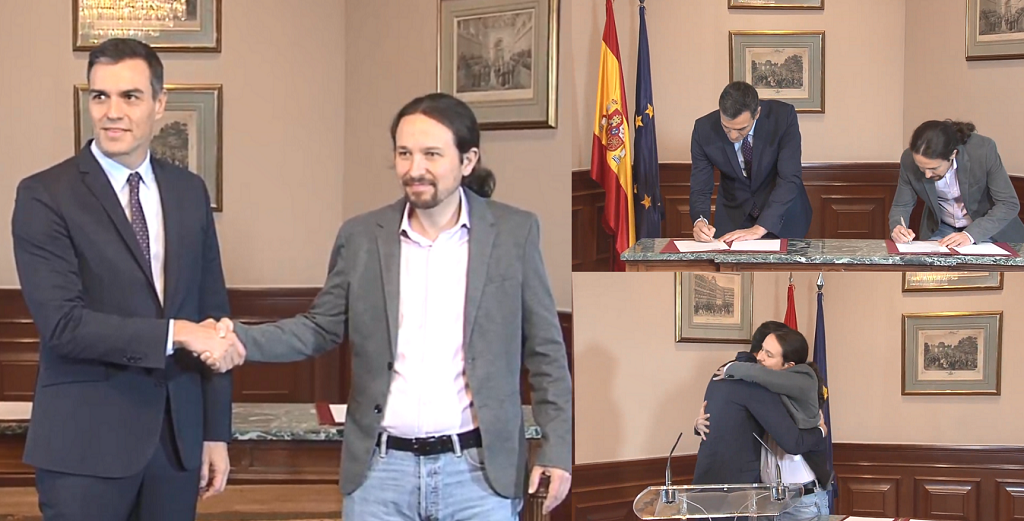 Collage firma del preacuerdo de Gobierno de PSOE y Podemos