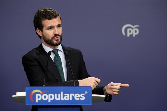 El presidente del PP, Pablo Casado, en rueda de prensa tras finalizar la reunión del Comité Ejecutivo Nacional del Partido Popular