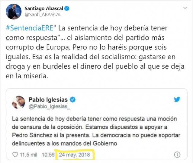 Captura del tweet del presidente de Vox, Santiago Abascal, tras la sentencia de los ERE
