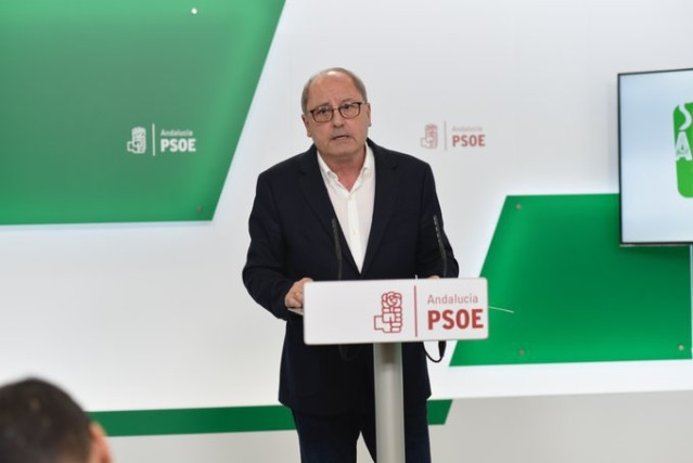El secretario de Organización del PSOE-A, Juan Cornejo, durante la declaración a los medios tras la sentencia de los ERE