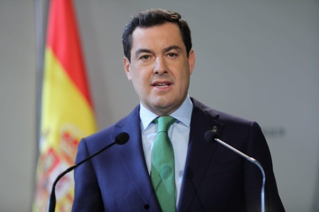 El presidente de la Junta, Juanma Moreno, durante la declaración institucional valorando la sentencia de los ERE