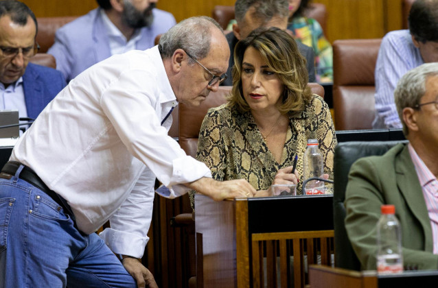 Segunda jornada del Pleno del Parlamento andaluz. La secretaria general del PSOE-A, Susana Díaz, junto al secretario de Organización, Juan Cornejo en el pleno del Parlamento andaluz.