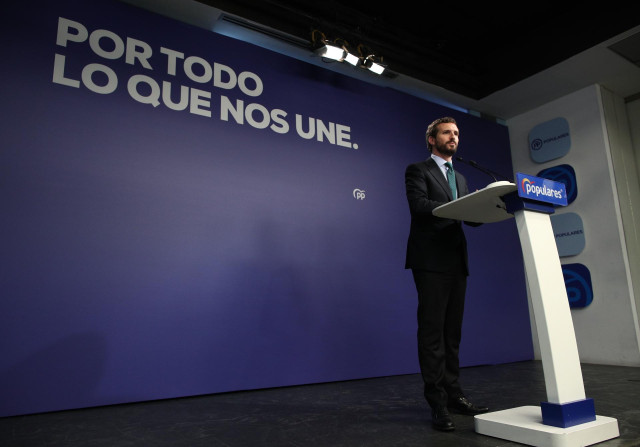 El presidente del PP, Pablo Casado, en la sede nacional del partido