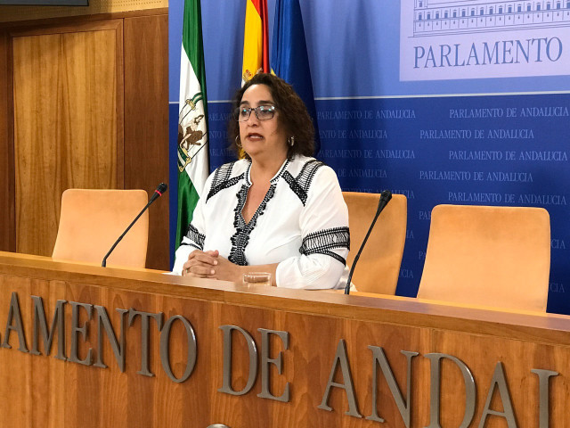 La portavoz adjunta del grupo parlamentario de Adelante Andalucía, Ángela Aguilera, en rueda de prensa. Foto de archivo