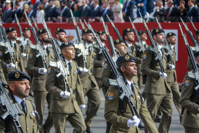 Militares participantes en el desfile del Día de la Fiesta Nacional, en Madrid (España) a 12 de octubre de 2019.