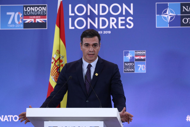 HANDOUT - 04 December 2019, England, Watford: Spanish Prime Minister Pedro Sanchez speaks at a press conference during the NATO leaders summit. Photo: Fernando Calvo/La Moncloa/dpa