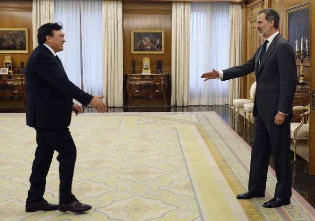 El rey Felipe VI durante la audiencia al diputado de Teruel Existe Tomás Guitarte, este martes en el Palacio de la Zarzuela