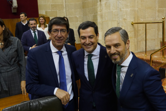 Juan Marín, Juanma Moreno y Juan Bravo, este jueves