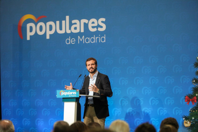 El presidente nacional del PP, Pablo Casado en la tradicional comida de Navidad del PP de la Comunidad de Madrid, a 14 de diciembre de 2019