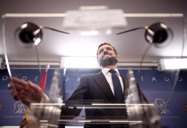 El presidente del PP, Pablo Casado, en rueda de prensa