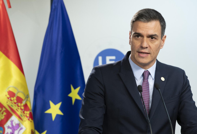 HANDOUT - 13 December 2019, Belgium, Brussels: Spanish Prime Minister Pedro Sanchez speaks during a press conference at the end of the second day of the European Council summit. Photo: Zucchi Enzo/EU Council/dpa - ATTENTION: editorial use only and only if
