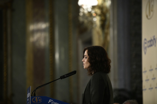 La presidenta de la Comunidad de Madrid, Isabel Díaz Ayuso, durante su intervención en un desayuno de Nueva Economía Fórum, en Madrid (España), a 18 de diciembre de 2019.