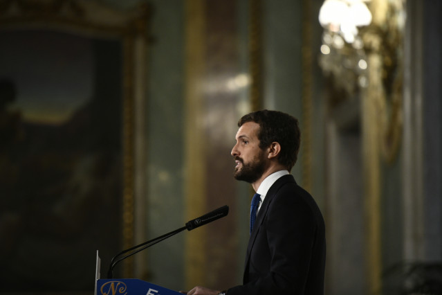 El presidente del Partido Popular, Pablo Casado, durante su intervención en un desayuno de Nueva Economía Fórum, en Madrid (España), a 18 de diciembre de 2019.